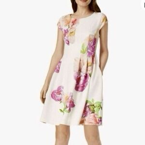 Calvin Klein Pink White Floral Cap‎ Sleeve Pleated Pockets Scuba Flare Dress 8
